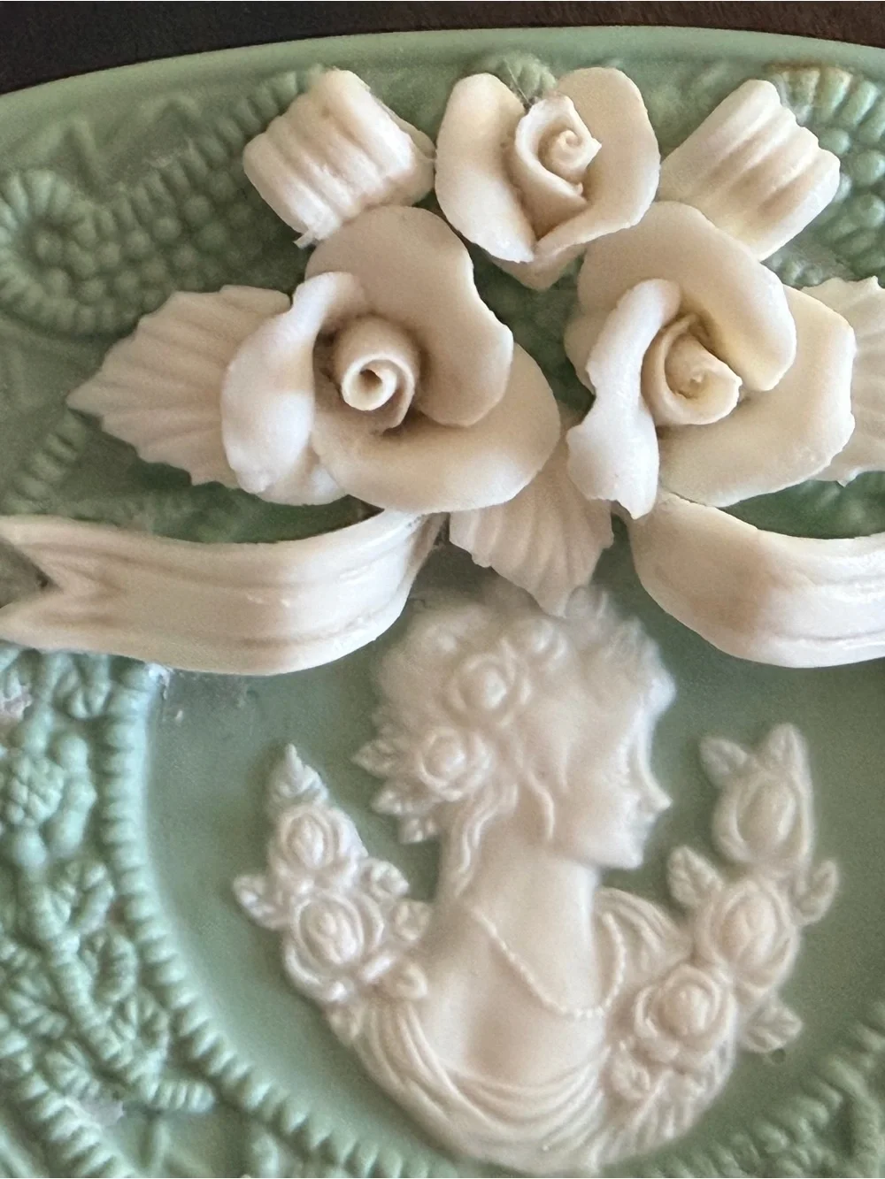Vintage Mint Green Cameo Trinket Soap Dish with Roses Vanity Decor